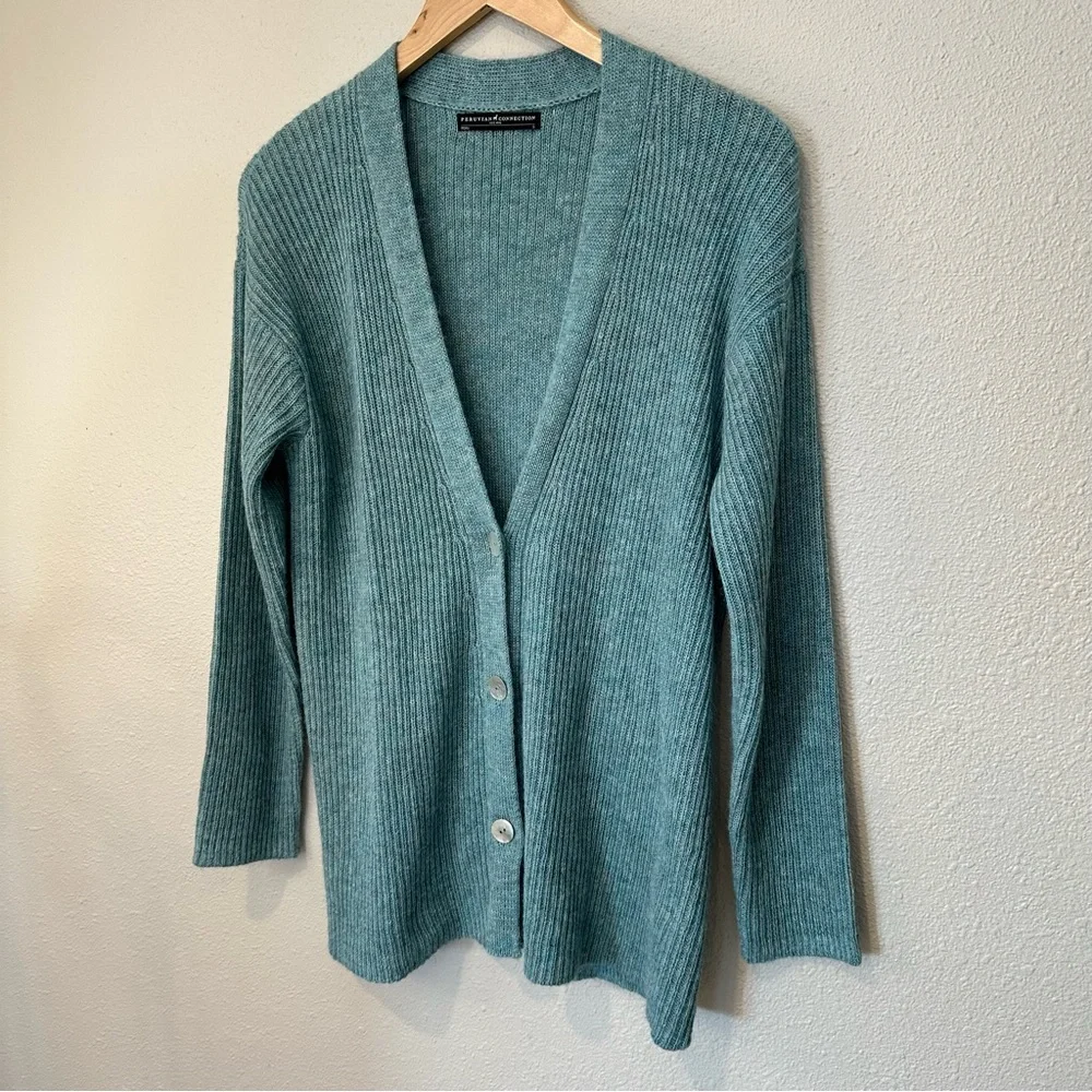 Peruvian Connection Ribbed Boyfriend Cardian in Teal - Picture 7 of 9